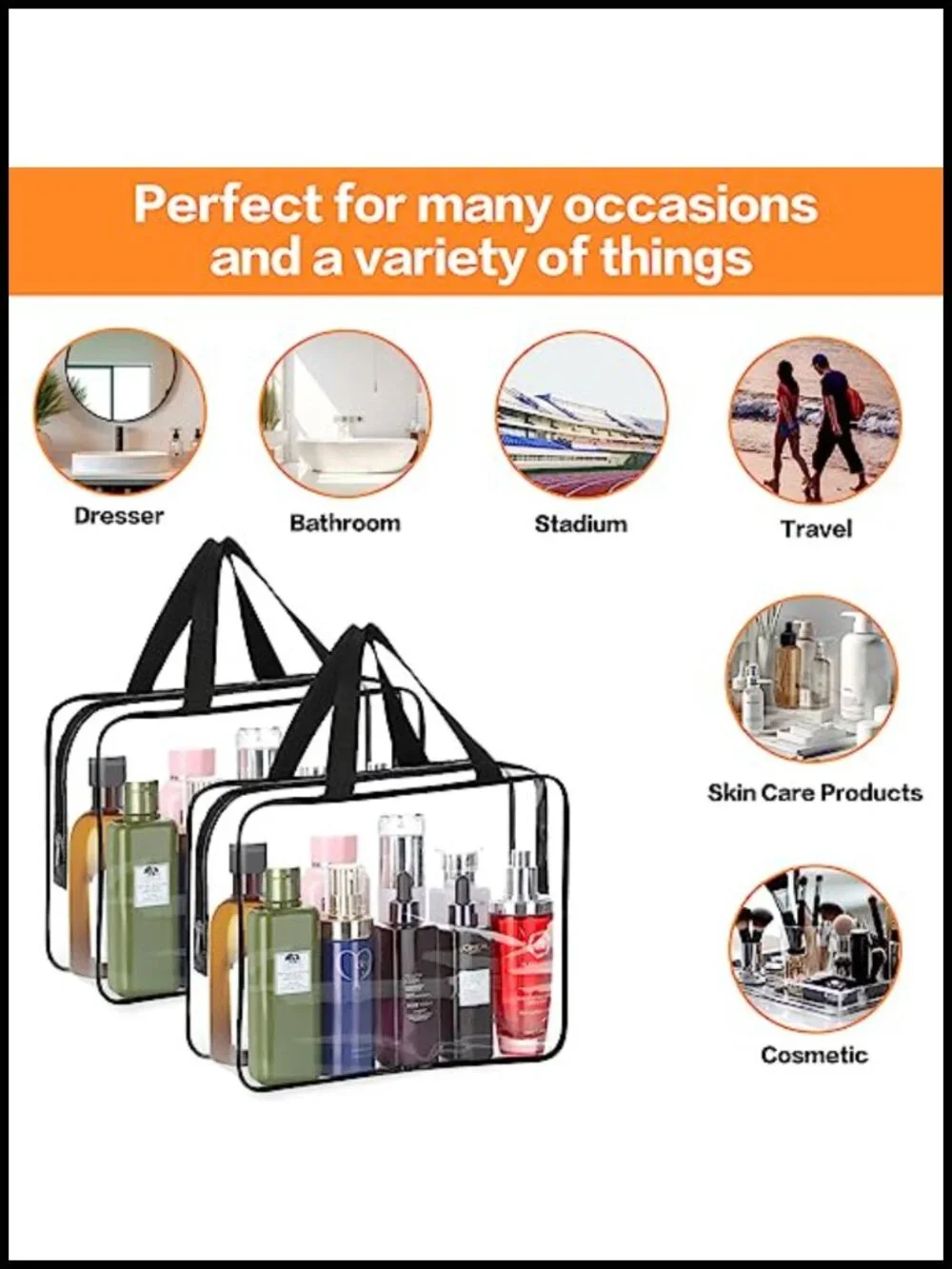 2-Piece Clear Cosmetic Tote Bag, Waterproof Transparent Makeup Organizer,